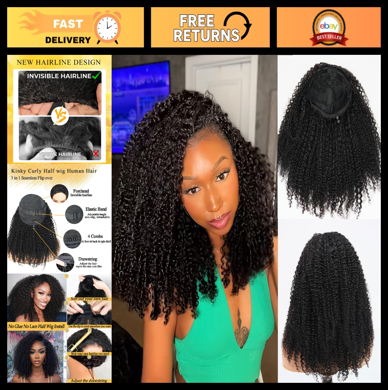 Kinky Curly Half Wig 200% Density Human Hair 30″ Glueless Wear & Go Headband Wig