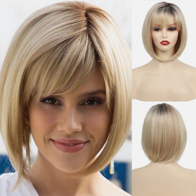 Rooted Blonde Mix Bob Hairstyle Straight Synthetic Hair Wig Women Soft Natural