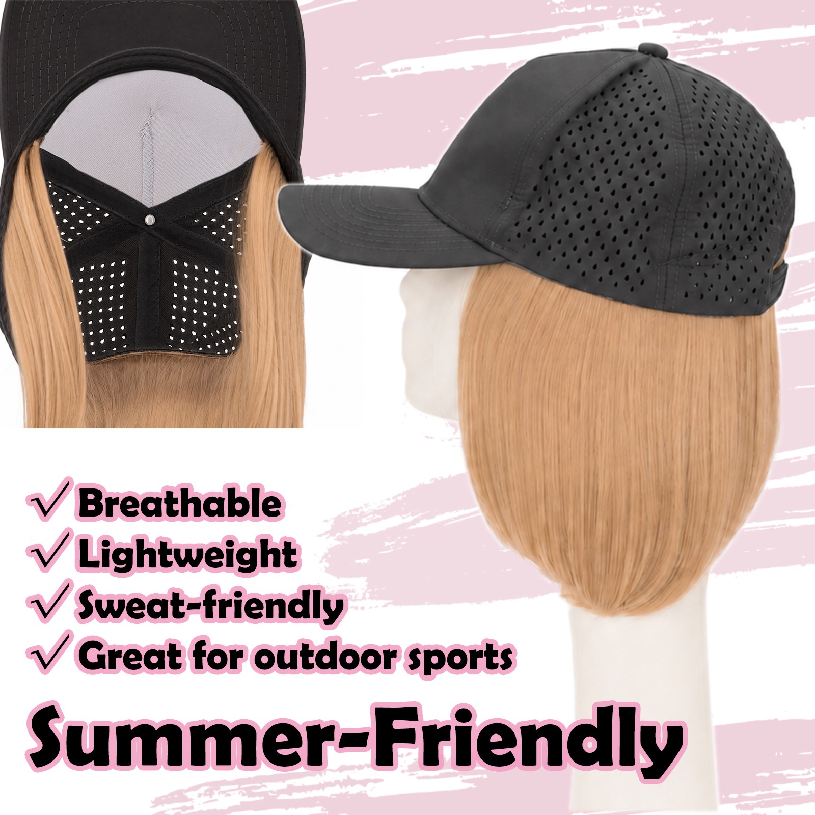 Natural Women Baseball Cap with Hair Extensions Hat with Hairpiece Straight 8in