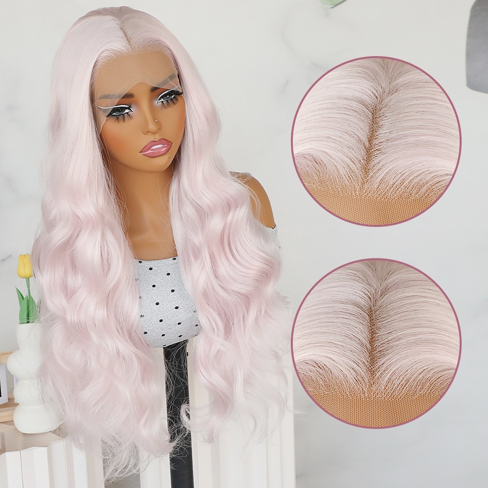 Light Pink Color Body Wave Long Glueless Lace Frontal Wigs Pre Plucked Hairline
