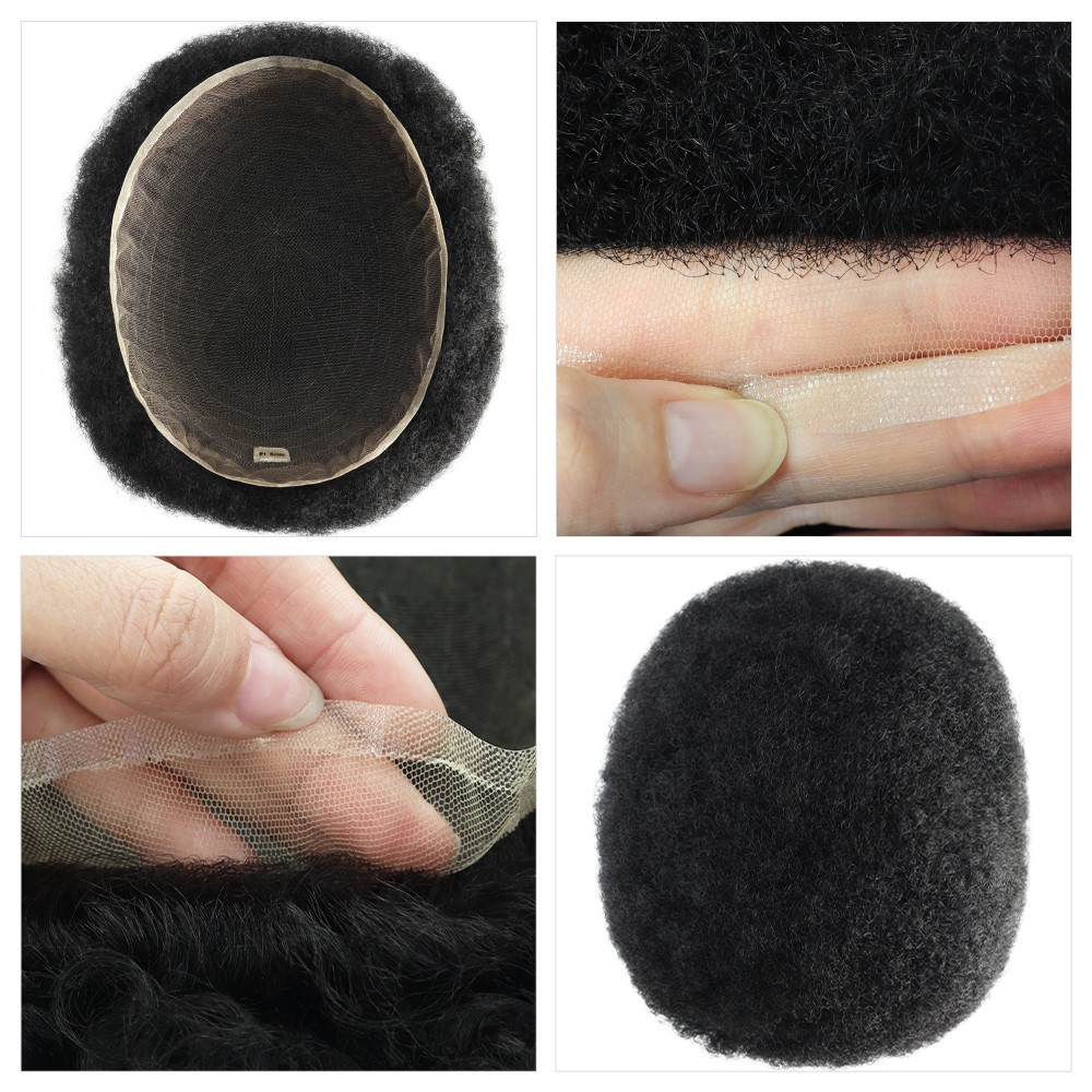 Mens Toupee Human Hair Afro Curl 6mm Full Lace Wig for Men Black Hair System #1B