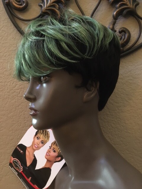 Motown Tress Synthetic Short Wig w/Highlight. Item ANGIE COLOR#RT1B/OLIVE GREEN.