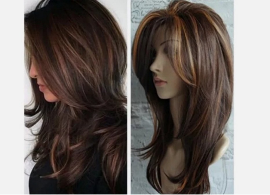 Women Dark Brown w/Gold Highlight Ombre Shoulder Length Curly Hair Wig-&&++