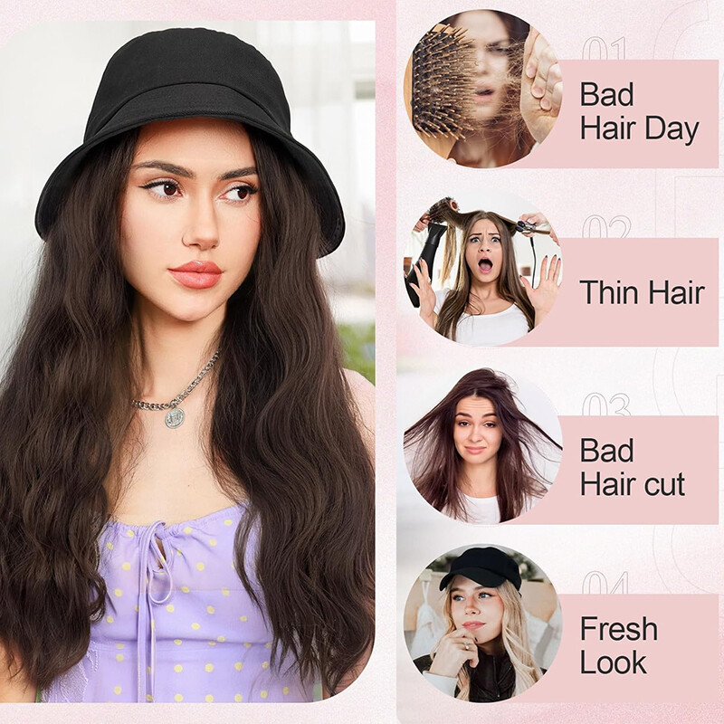Baseball Hat Black White Red Cap with Hair Long Wavy Wigs Bucket Hat for Women