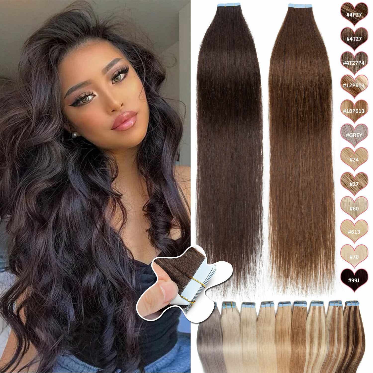 CLEARANCE 10-80PCS Tape In Remy Human Hair Extensions Skin Weft FULL HEAD #Brown