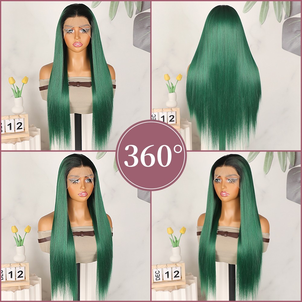 Heat Resistant Lace Front Wigs Glueless Long Silky Straight Hair Ombre Green Wig
