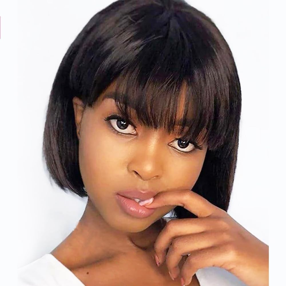 Short Bob Human Hair Wigs with Bangs No Lace Front Wigs Brazilian Straight Hair