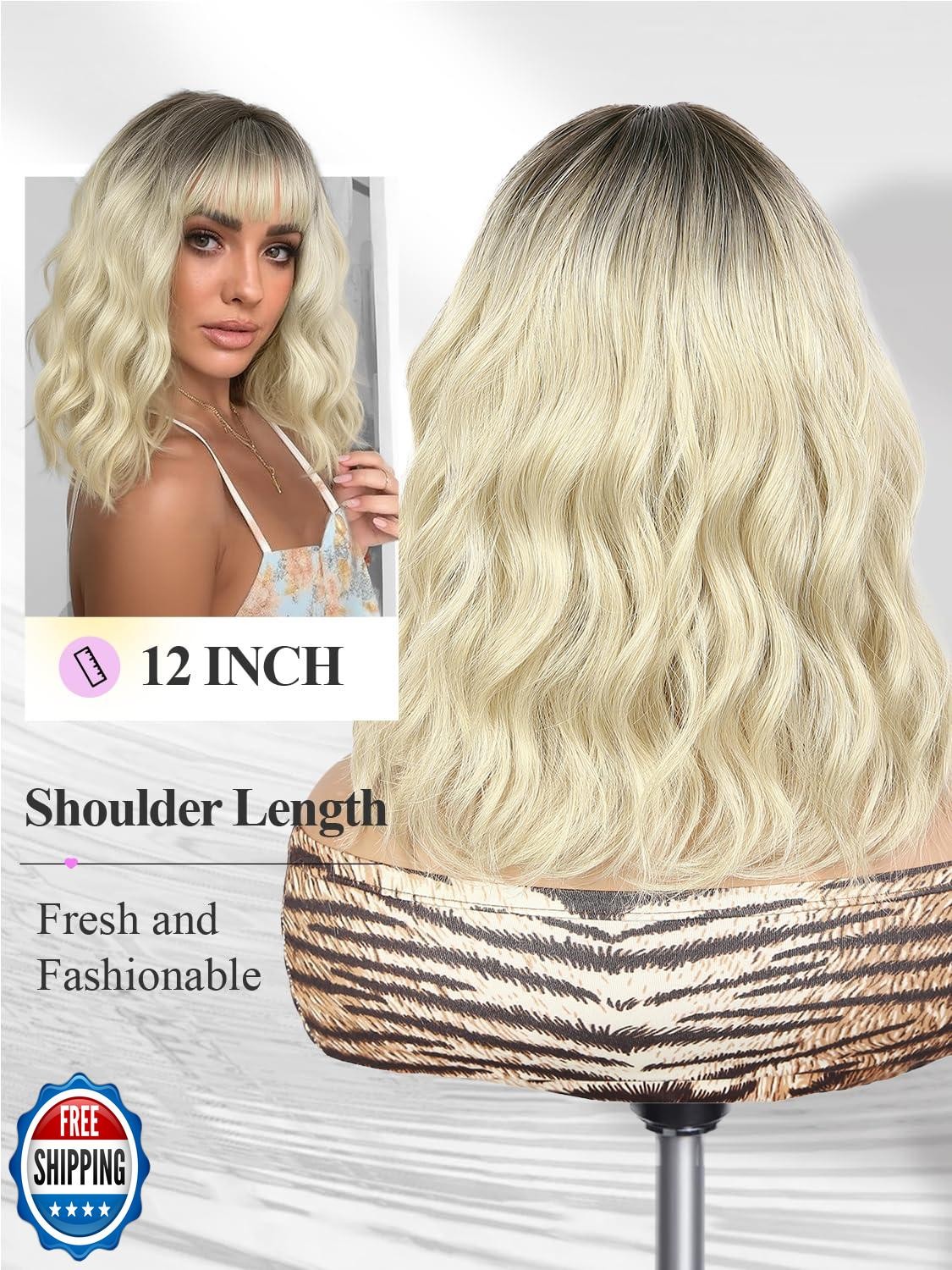 WIGER Short Ombre Ash Blonde Wave Hair with Bangs Synthetic Bob Curly Wigs Di