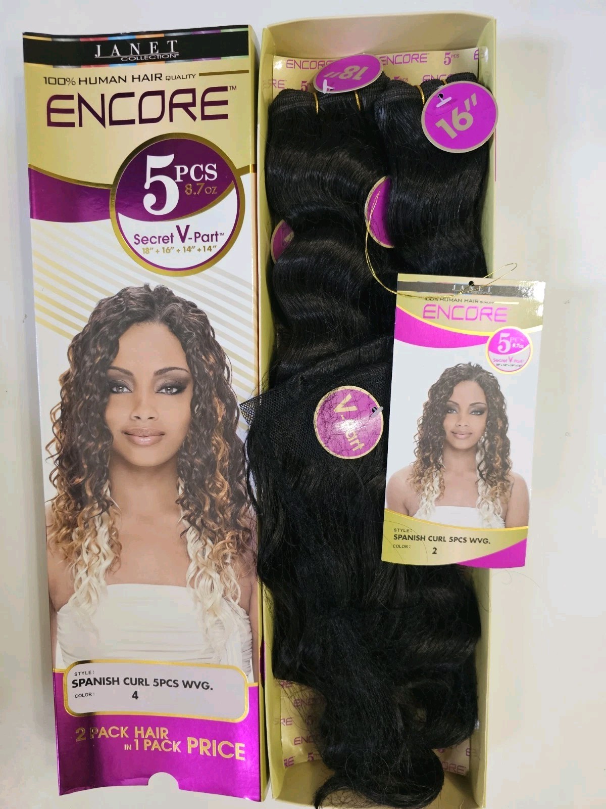 100% HUMAN HAIR QUALITY Encore Janet Spanish Curl 5 PIECES SECRET V PART