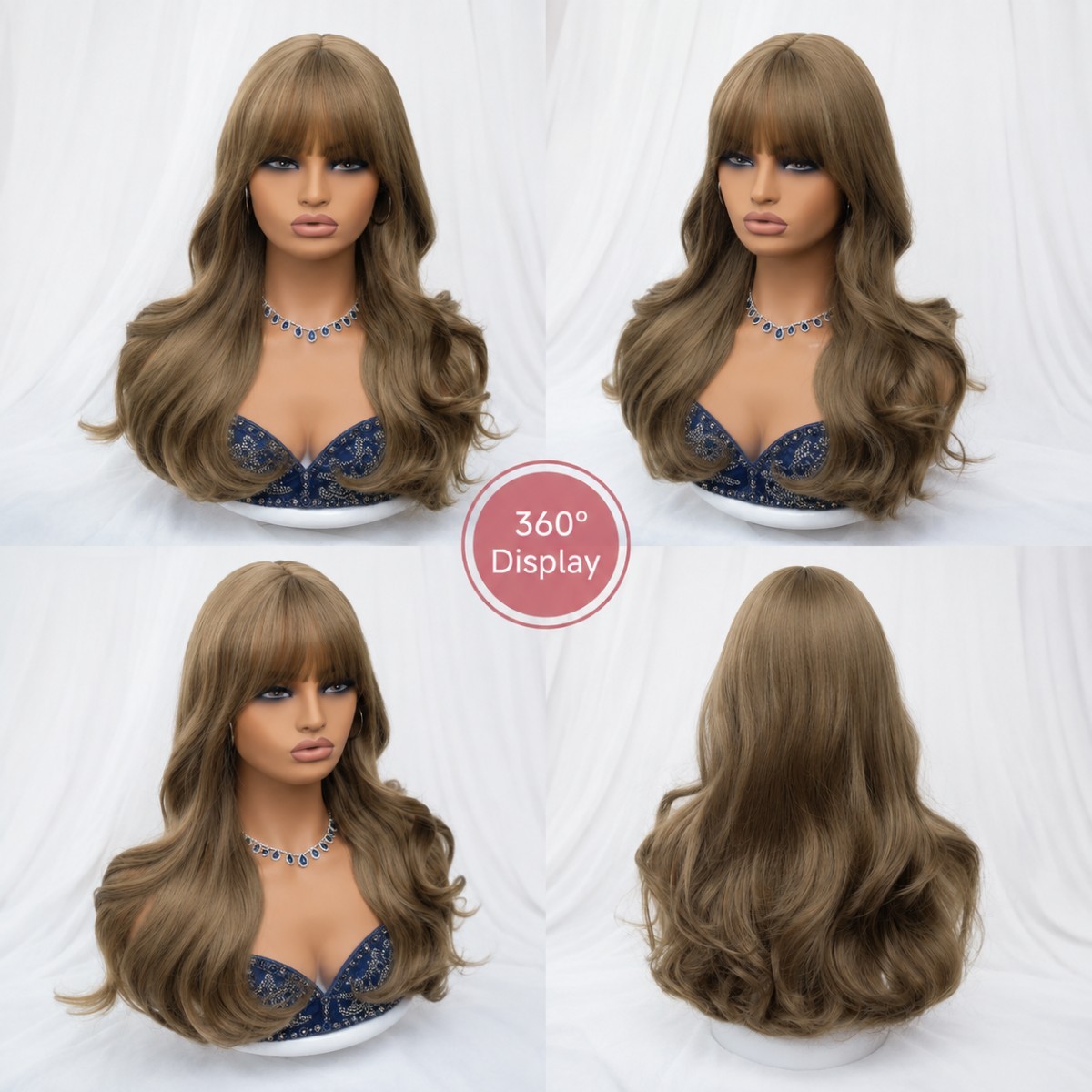 Cosplay Wigs With Bangs Long Wavy Soft Brown Synthetic Hair Heat Resistant