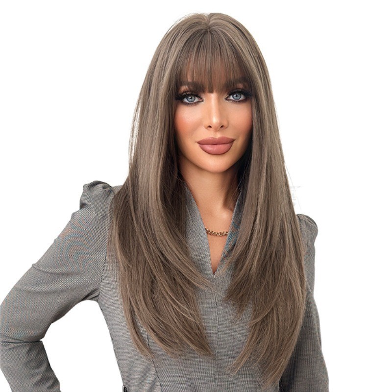 Brown high-quality straight hair with fringe wig for women full head coverings