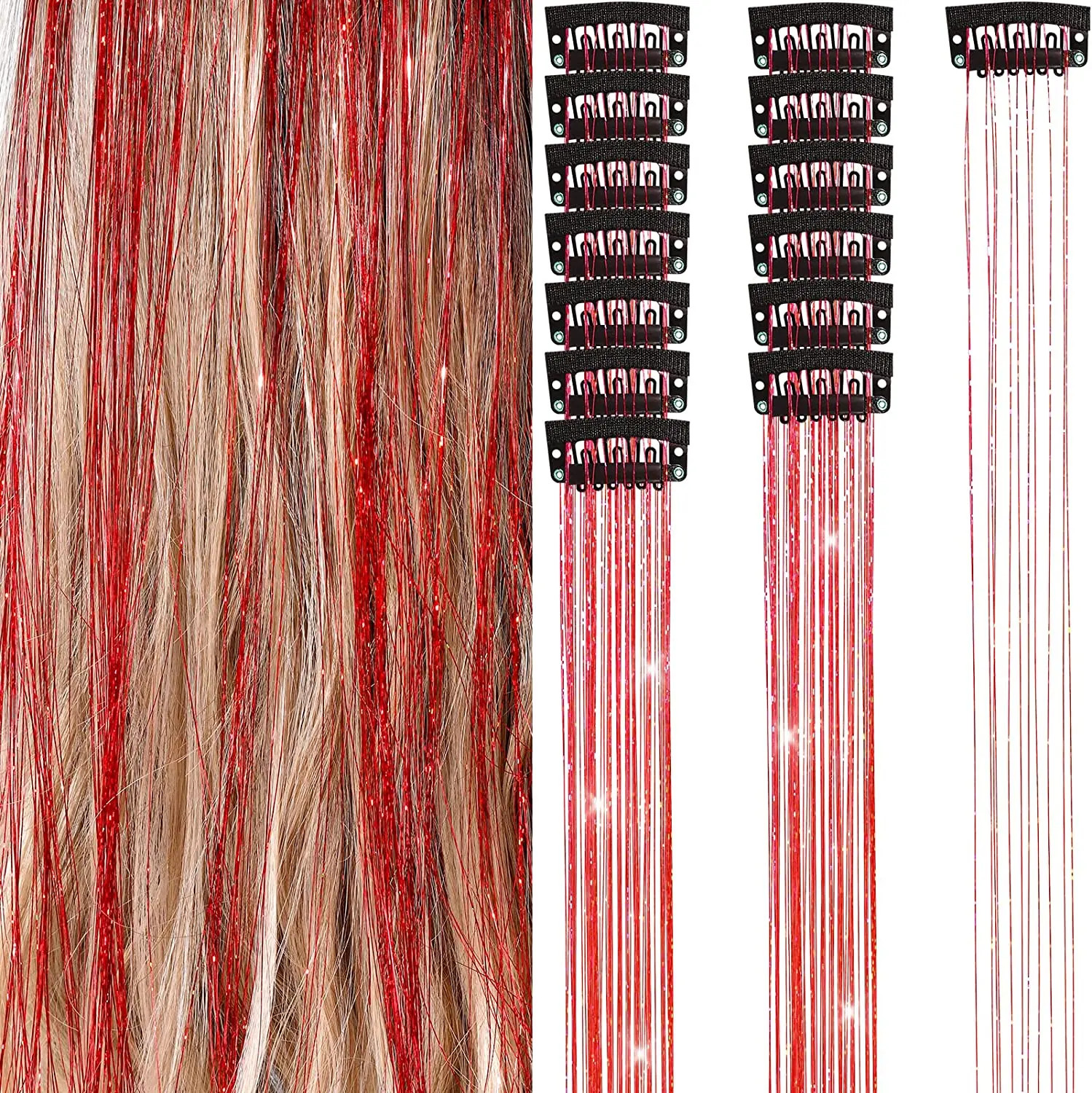 50cm Sparking Shiny Hair Tinsel Extensions Synthetic Clip In Hair Extensions
