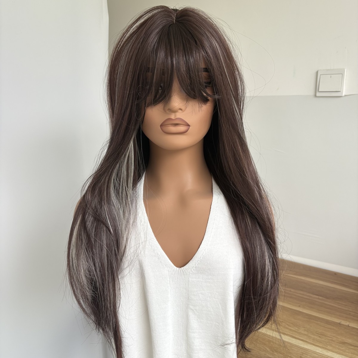 Long Straight Synthetic Hair Costume Wig With Bangs Natural Mixed Brown blonde