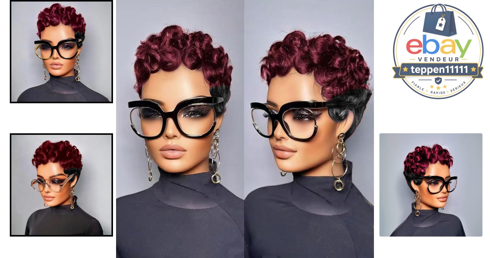 Short Curly Pixie Cut Wig Human Hair Burgundy Black Ombre 1B/99J