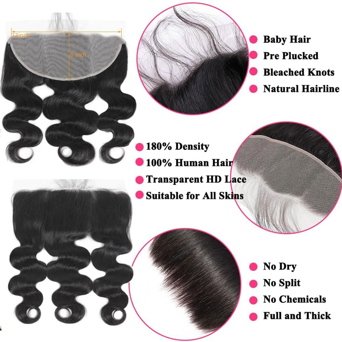 15A Body Wave Human Hair Bundles with 13×6 Lace Frontal Closure, 16-20 inch
