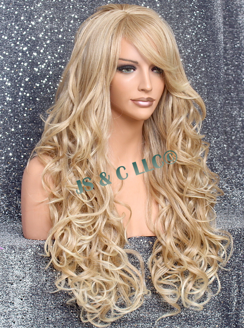 Human Hair Blend Wig Heat OK Curly Long Blonde mix Bangs Layered 27-613 NWT WBBT