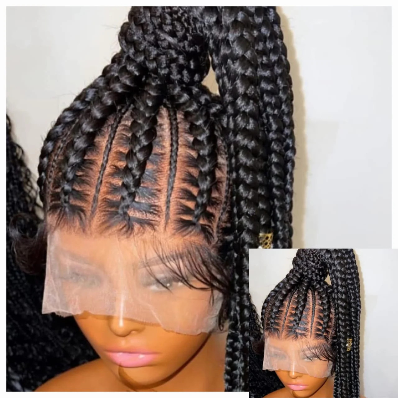 Black 30 inches 360 full lace synthetic braided wig with High Ponytail