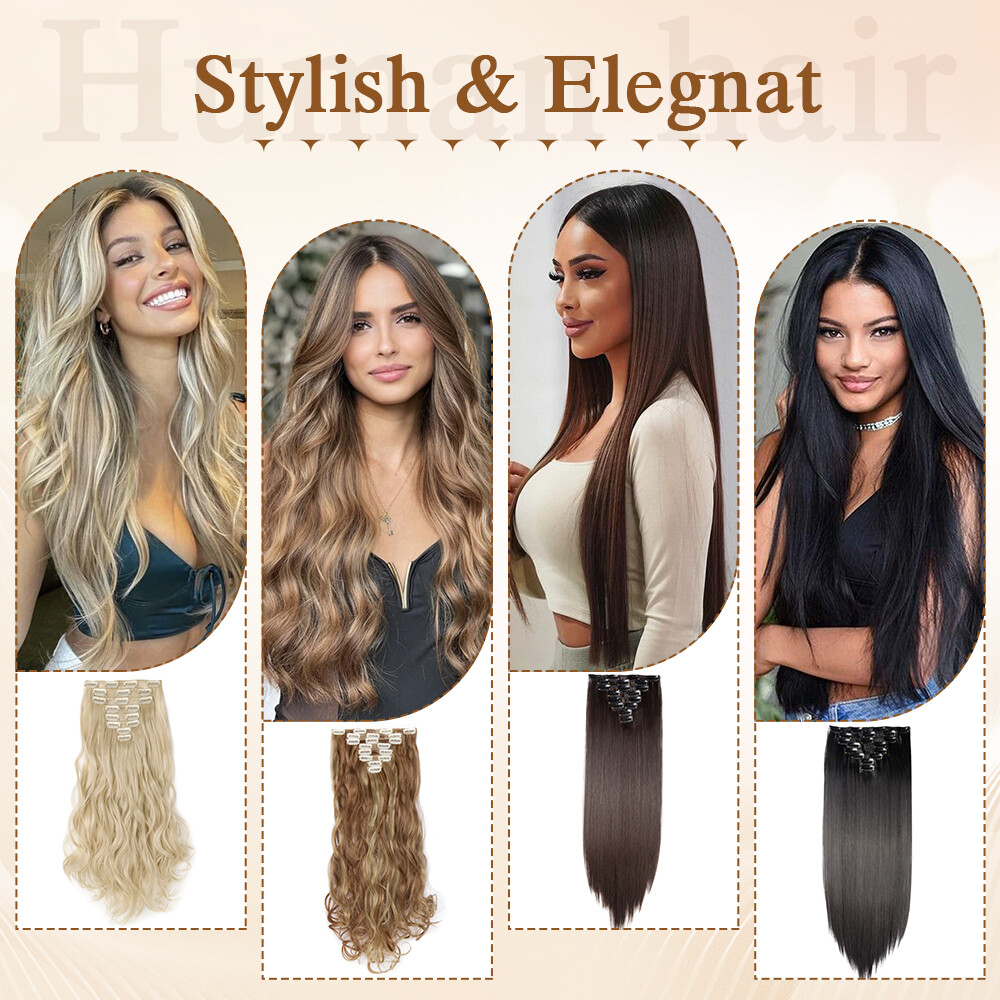 100% Real Natural Full Head Clip in Hair Extensions 8Pcs Straight Wavy Synthetic