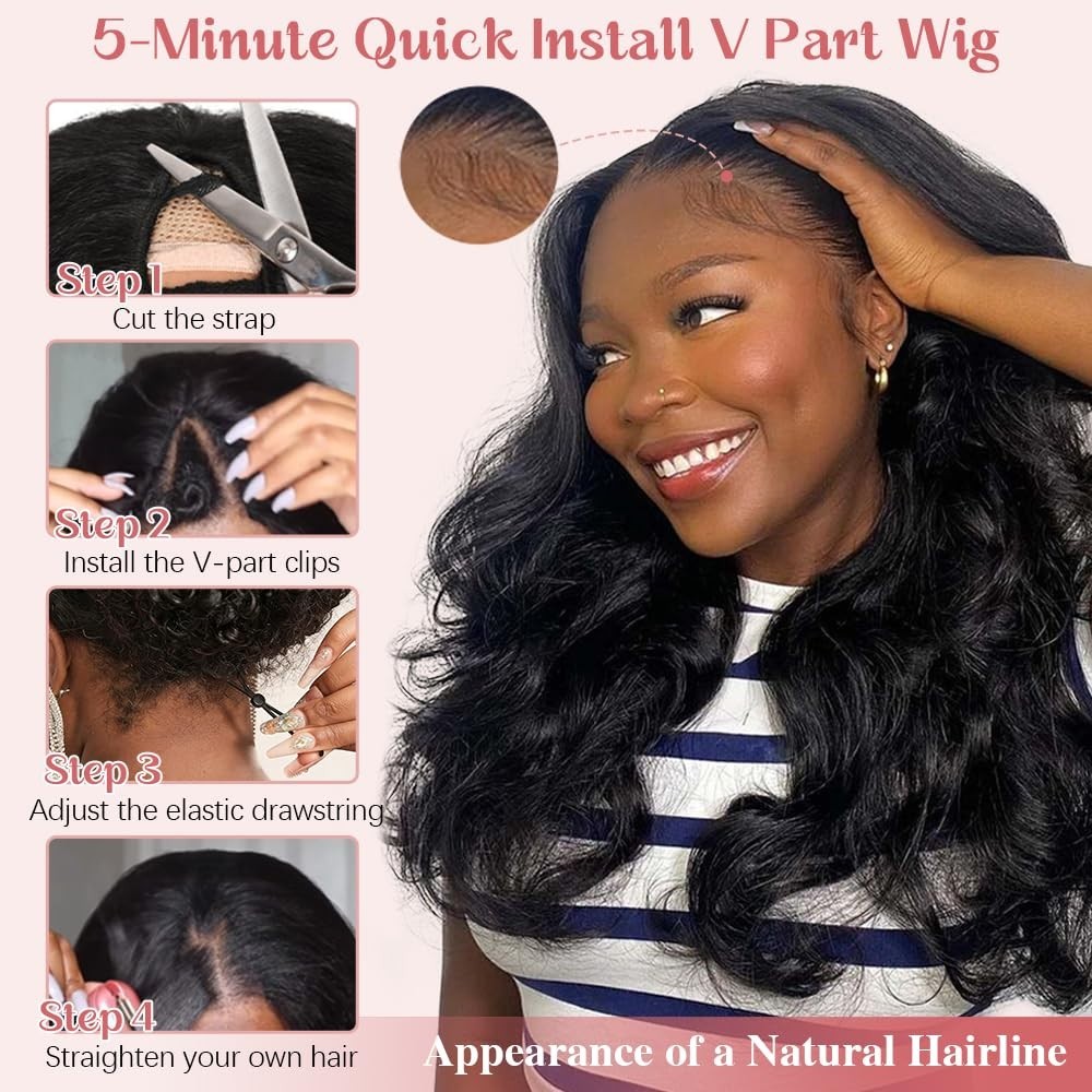 18 Inch Body Wave V Part Wig – 180% Density Glueless Half Wig, Natural Black, Ea