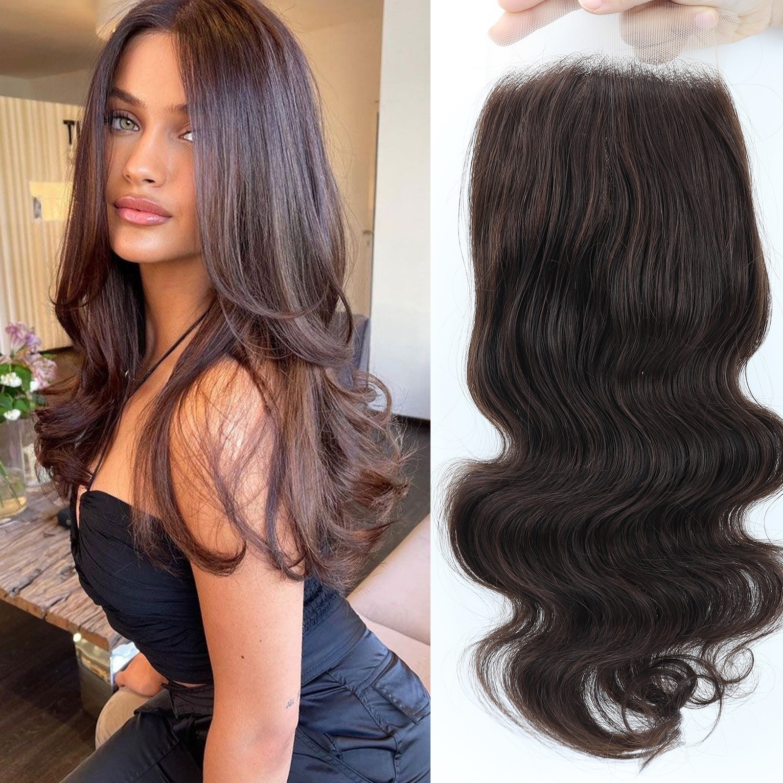 Real Human Hair 12×13 Silk Base Topper Lace Front #2 Brown Wave hair extensions
