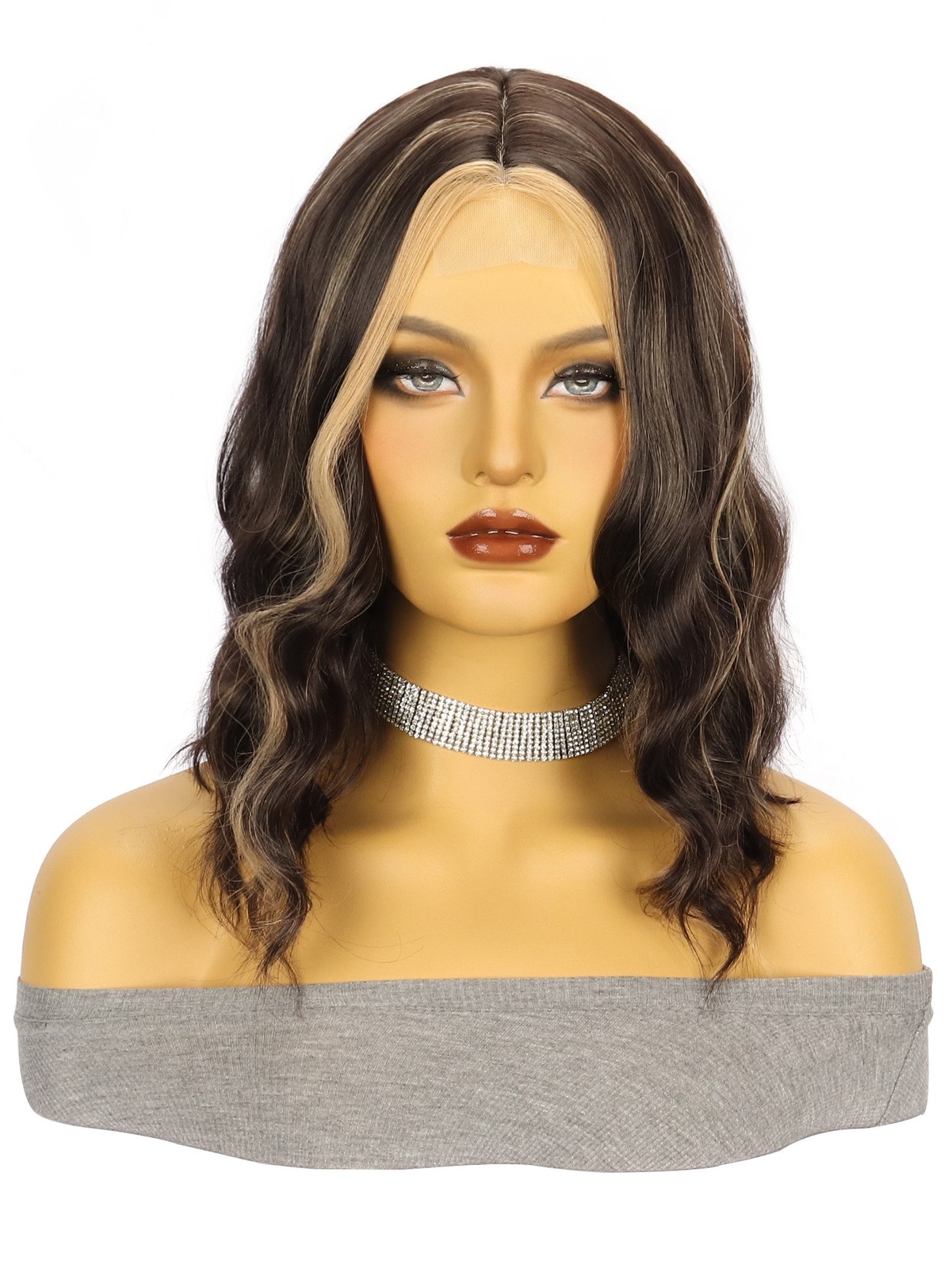 Brown Highlight Short Water Wave Curly Small Lace Synthetic Wig Heat Resistant