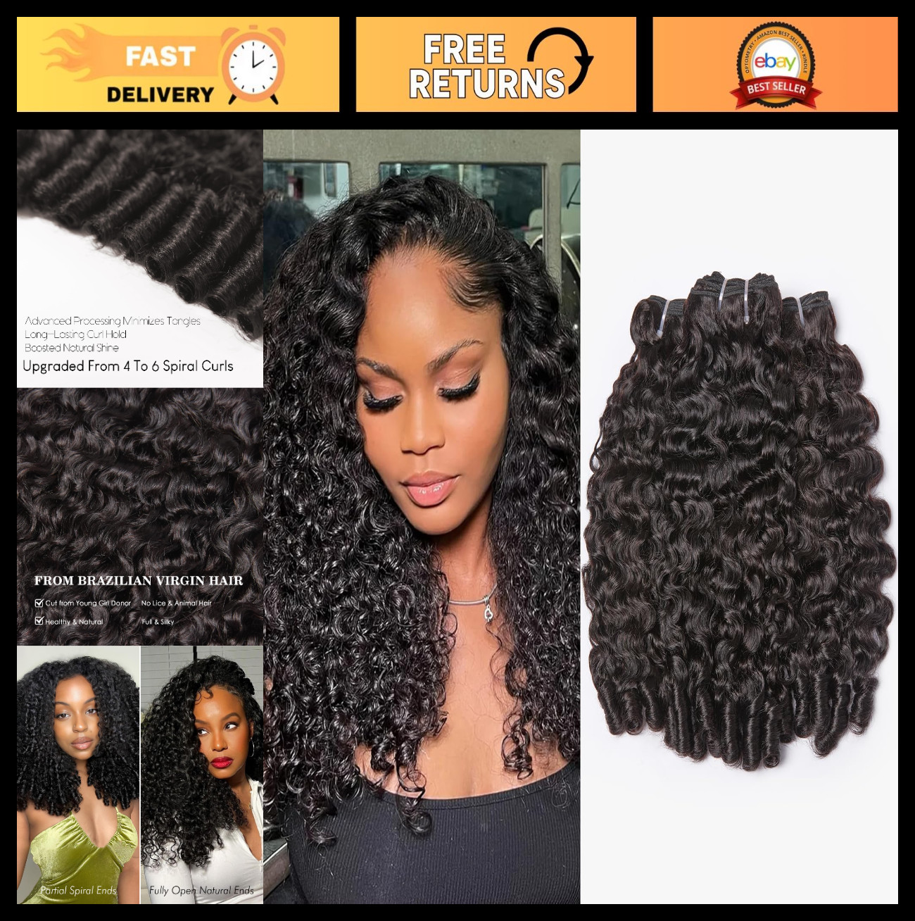 Curly Human Hair Bundles 18″ 20″ 22″ Brazilian Virgin Water Wave Natural Black