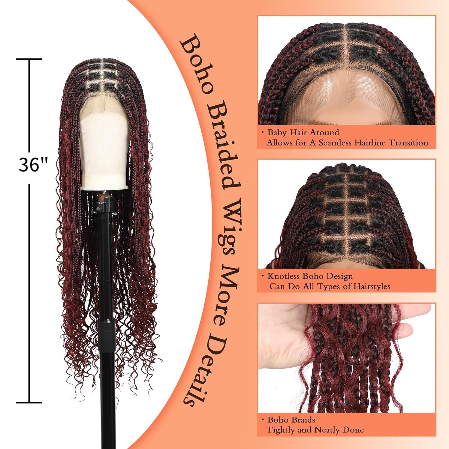 Gorgeous Burgundy 36″ Knotless Braided Wig – 13×8 HD Lace for Seamless Style