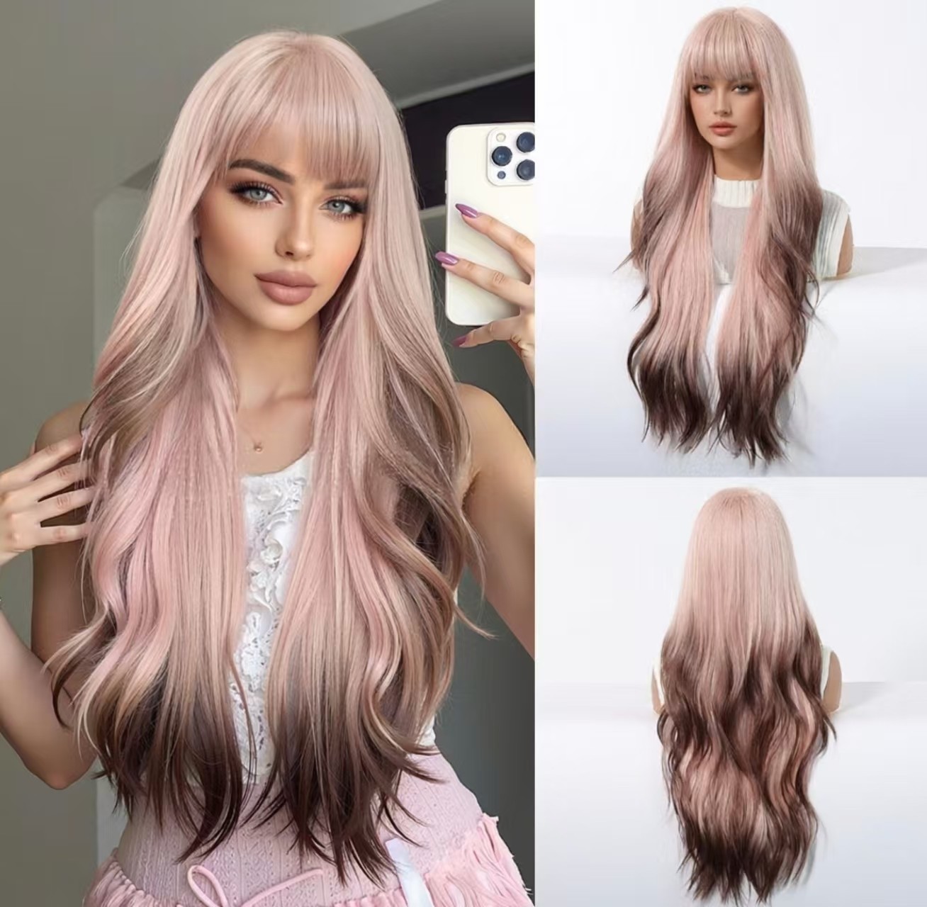 Pink Wigs with Bangs for Women Girls Cosplay Party Long Wavy Natural Synthetic
