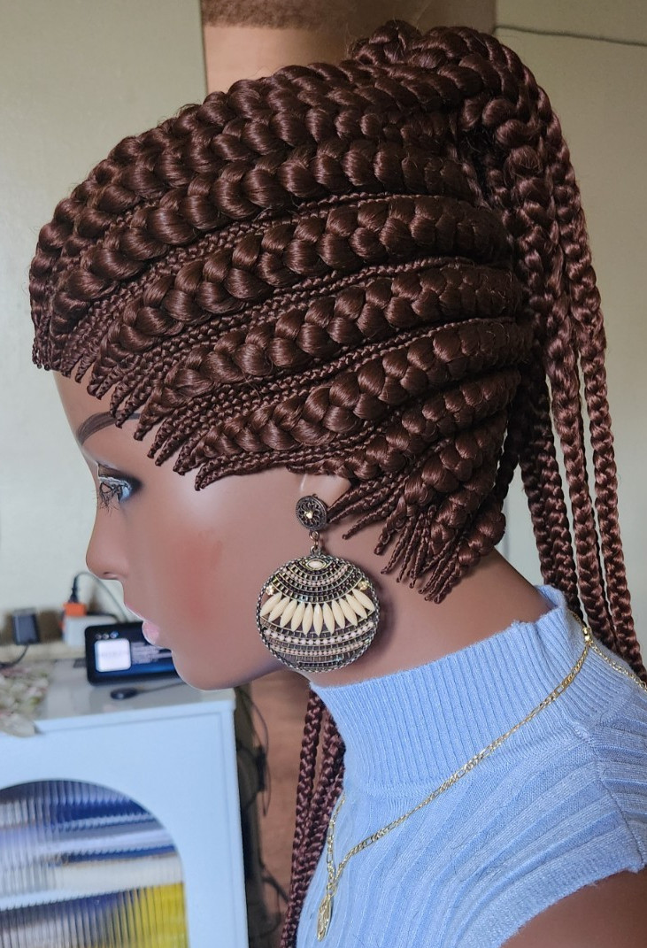 Fully hand braided Ghana banana cornrows wig poney tail libre Dark brown
