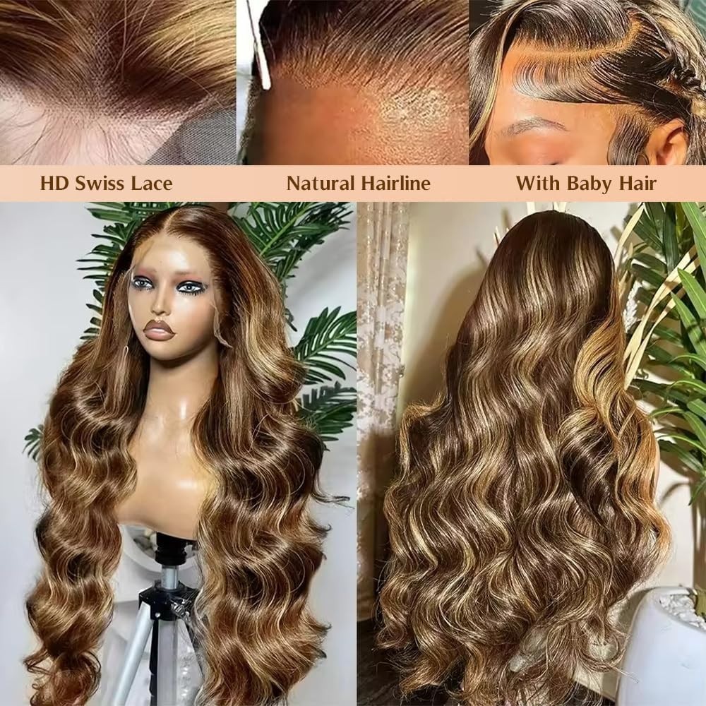 32″ Honey Blonde Body Wave Lace Front Wig – 13×4 HD Ombre Human Hair, Pre-Plucke