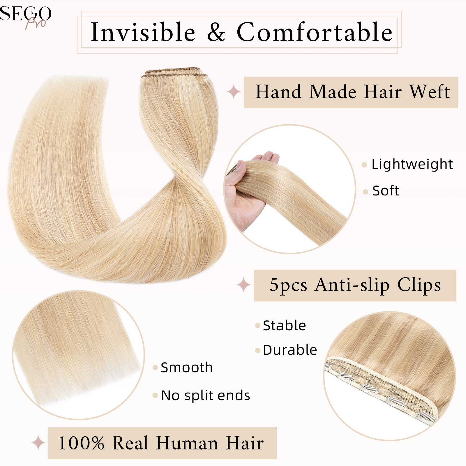 SEGO Pro One Piece Five Straight Clip in Human Hair Extensions 16inch 45G