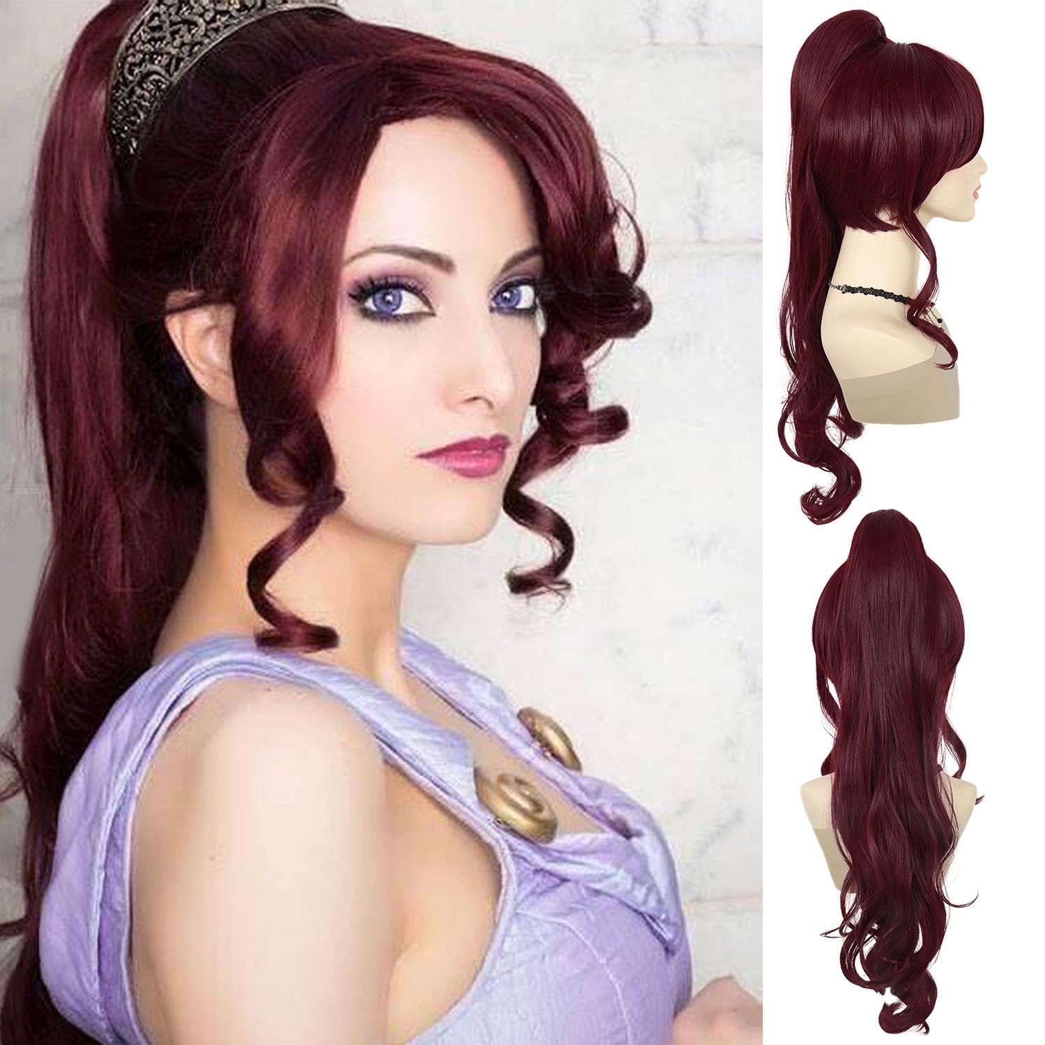 Short Wine Red Wigs for Women with 27 inch Long Ponytail in Deep Burgundy wit…