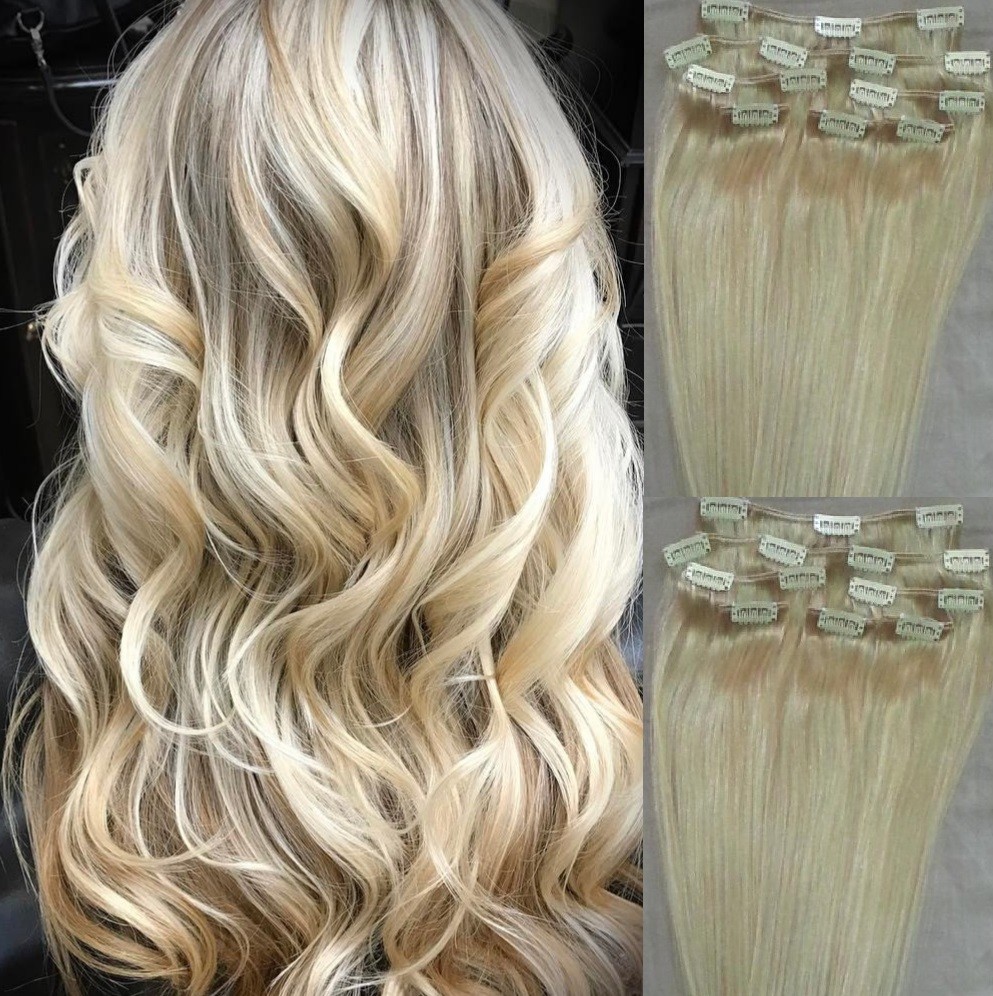 18″,20″,22″,24″ 100% REMY Human Hair Extensions 7Pc Clip in #60 White Blonde