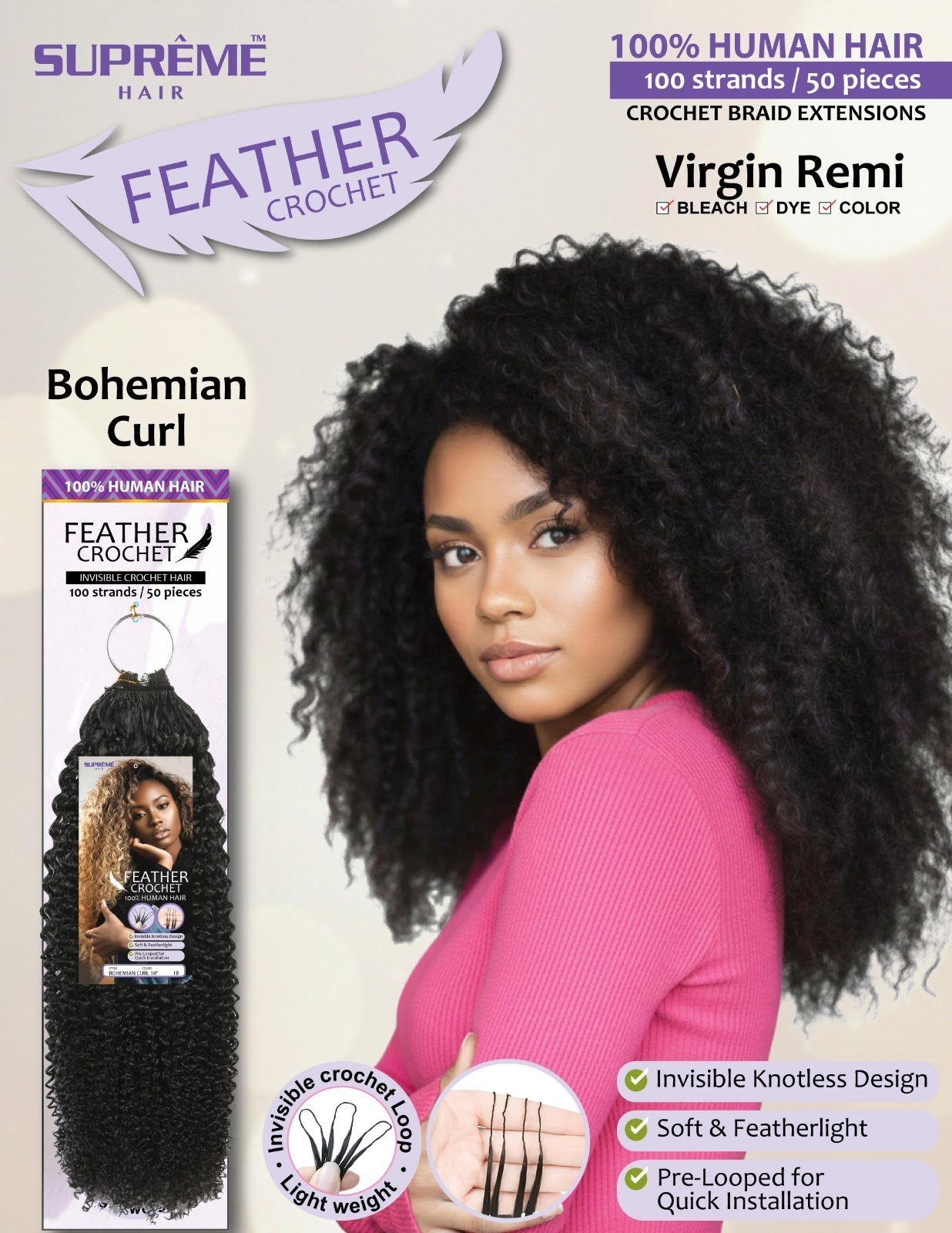 FEATHER CROCHET 100% HUMAN BOHEMIAN CURL HAIR INVISIBLE CROCHET HAIR