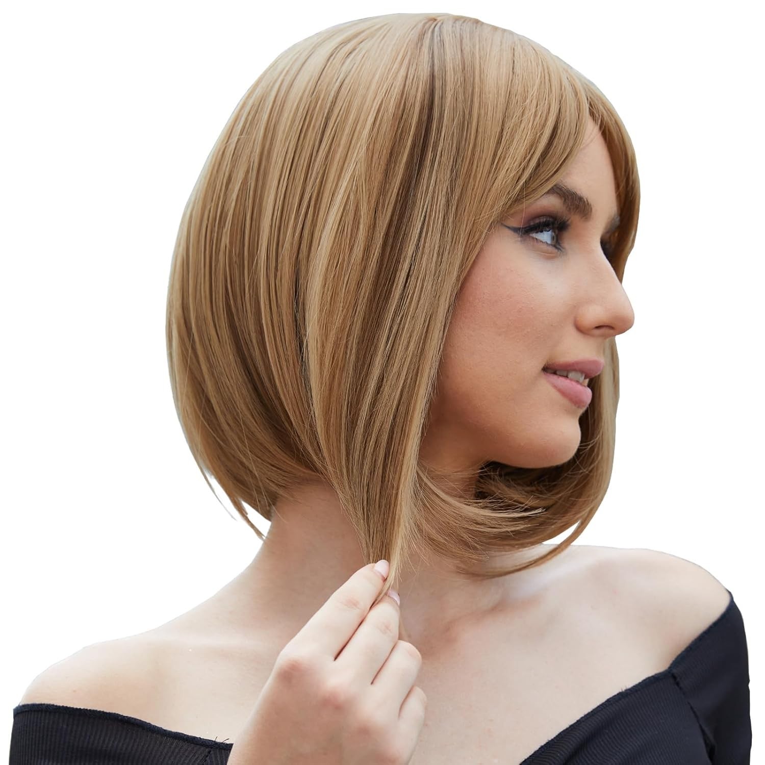 Onpep Bob Wig with Bangs Brown Highlight Short Straight Golden Brown Highlight