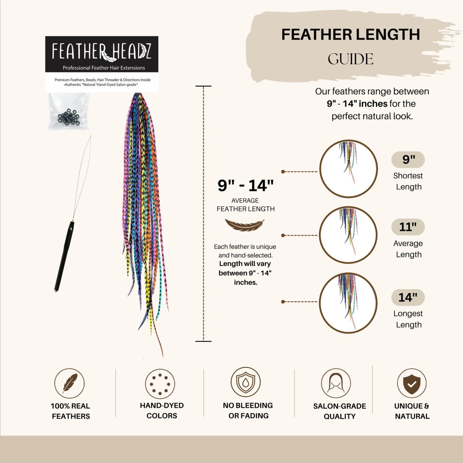 21 pcs. Rainbow Grizzly 10 -14″ Feather Extension, Whiting Farms + DIY Kit