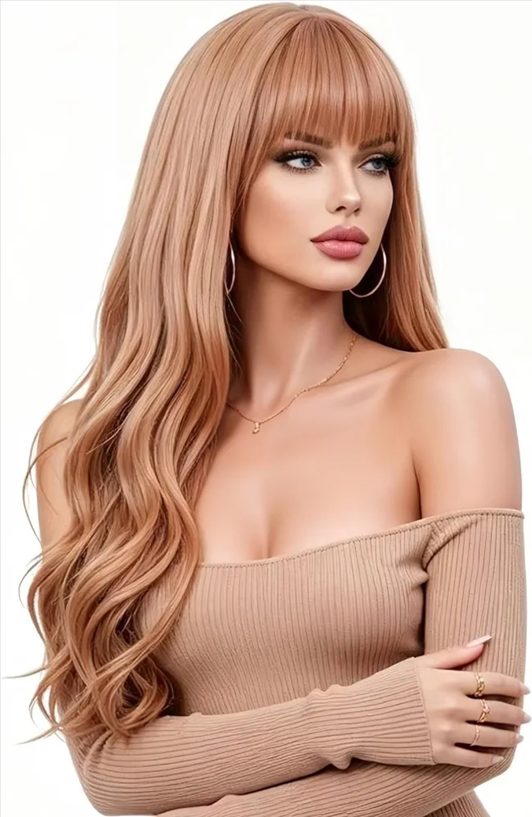 Long Strawberry Blonde Auburn Red Full Wig Human Hair blend layers bangs