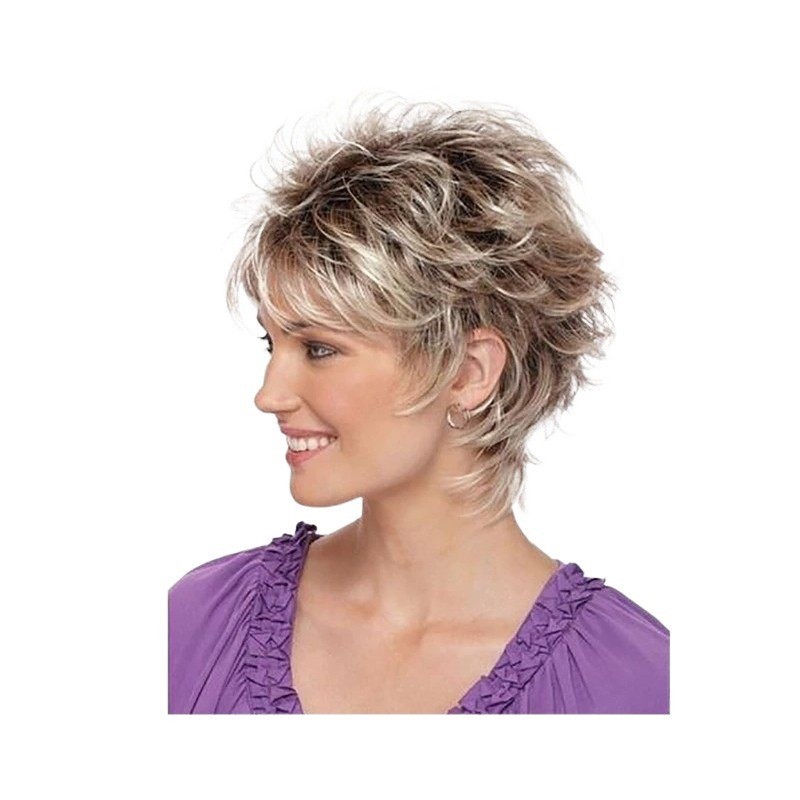 Lady Short Blonde Pixie Cut Wigs Dark Brown Ombre Blonde Synthetic Hair Wigs