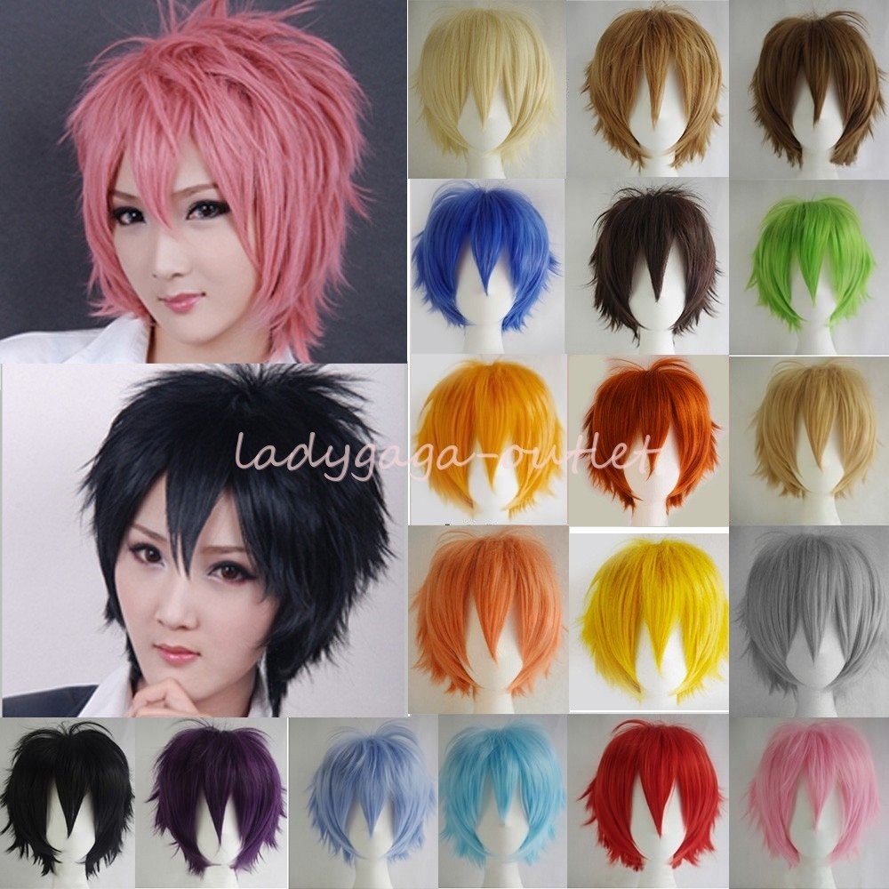 UNISEX Male Female Straight Short Hair Wig Cosplay Full Wigs Brown Yellow Orange