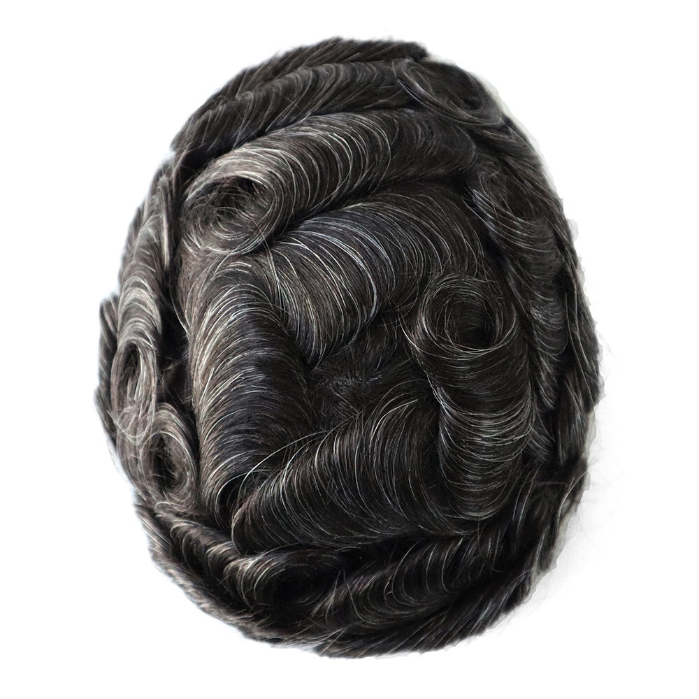 Toupee Mens Human Hair Repelecment System Ultra Thin Skin Hairpiece Grey #1B20