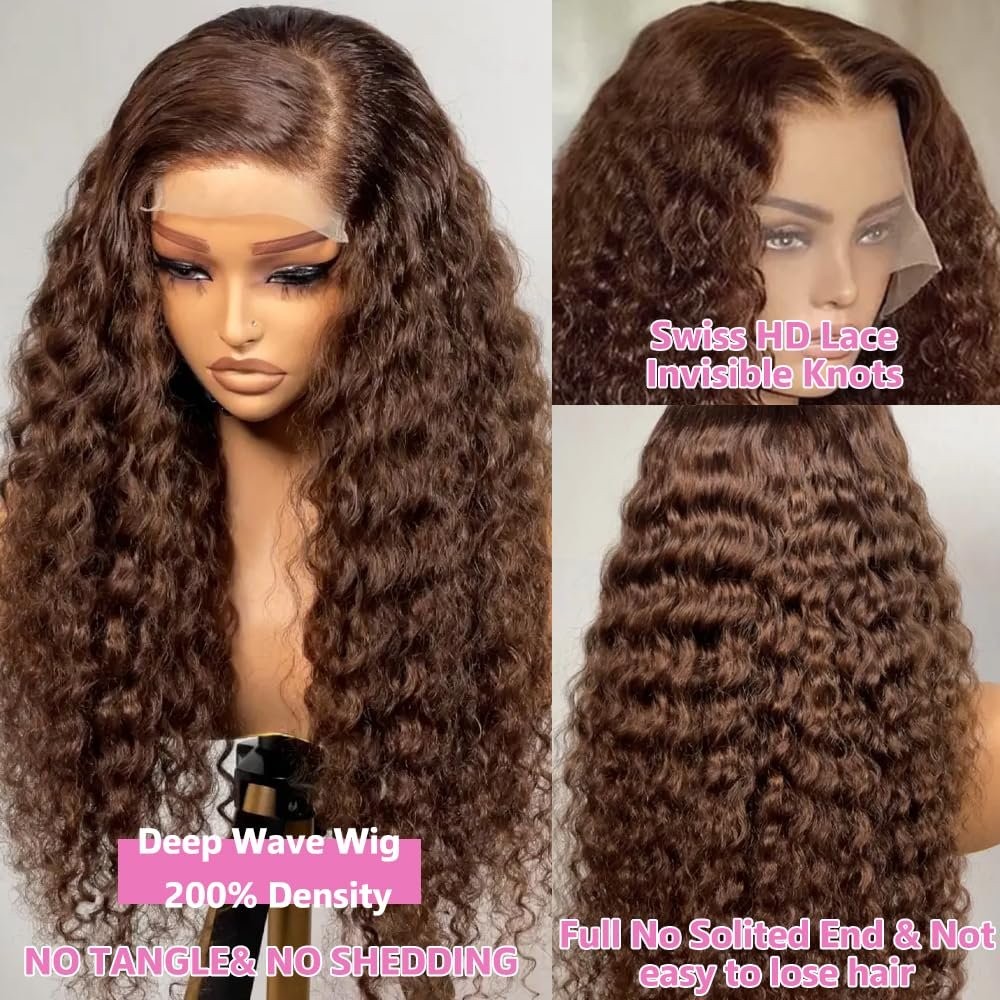 30Inch Chocolate Brown Human Hair Wig 200 Density 13×6 HD Deep Wave Lace Front W