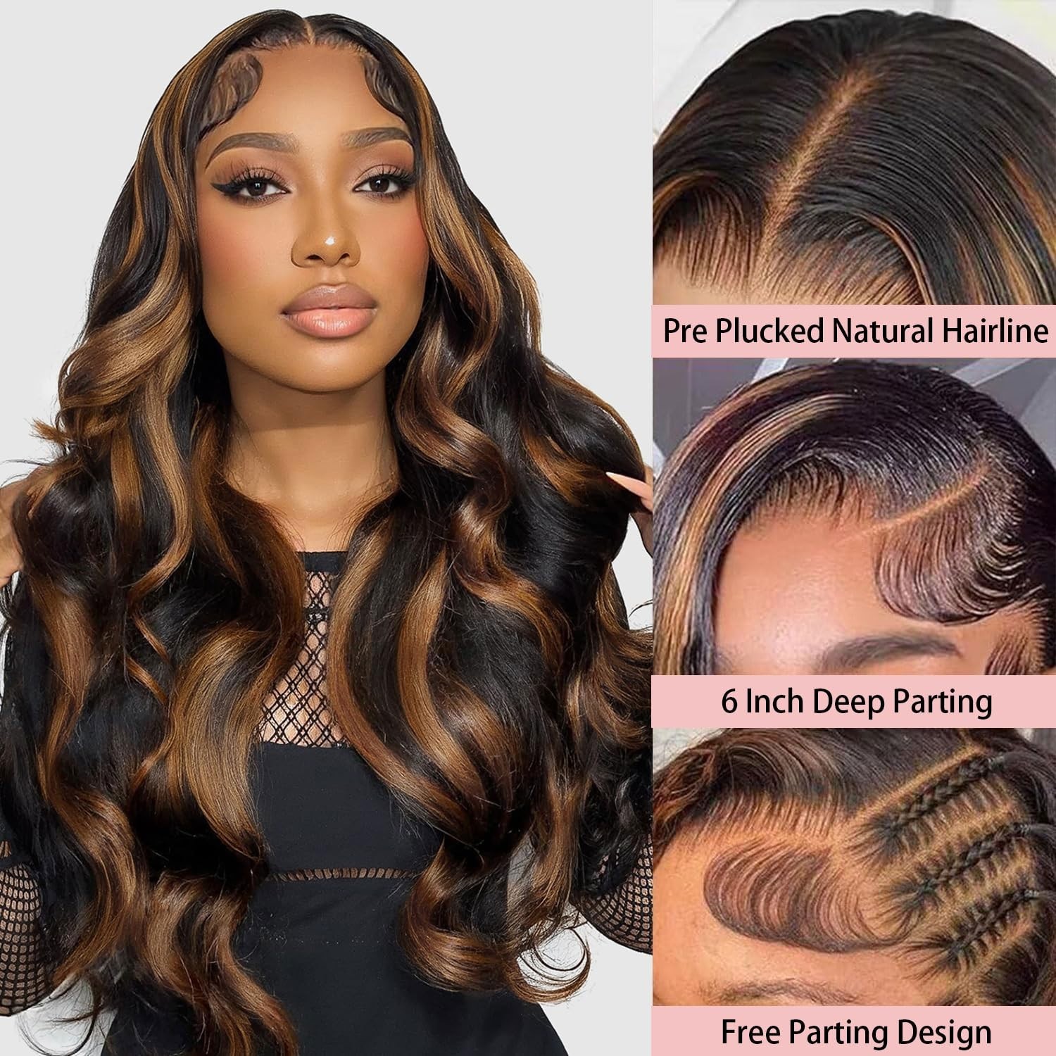 Ombre Lace Front Wig 28″ Body Wave Human Hair 200 Density Pre-Plucked HD Lace, B