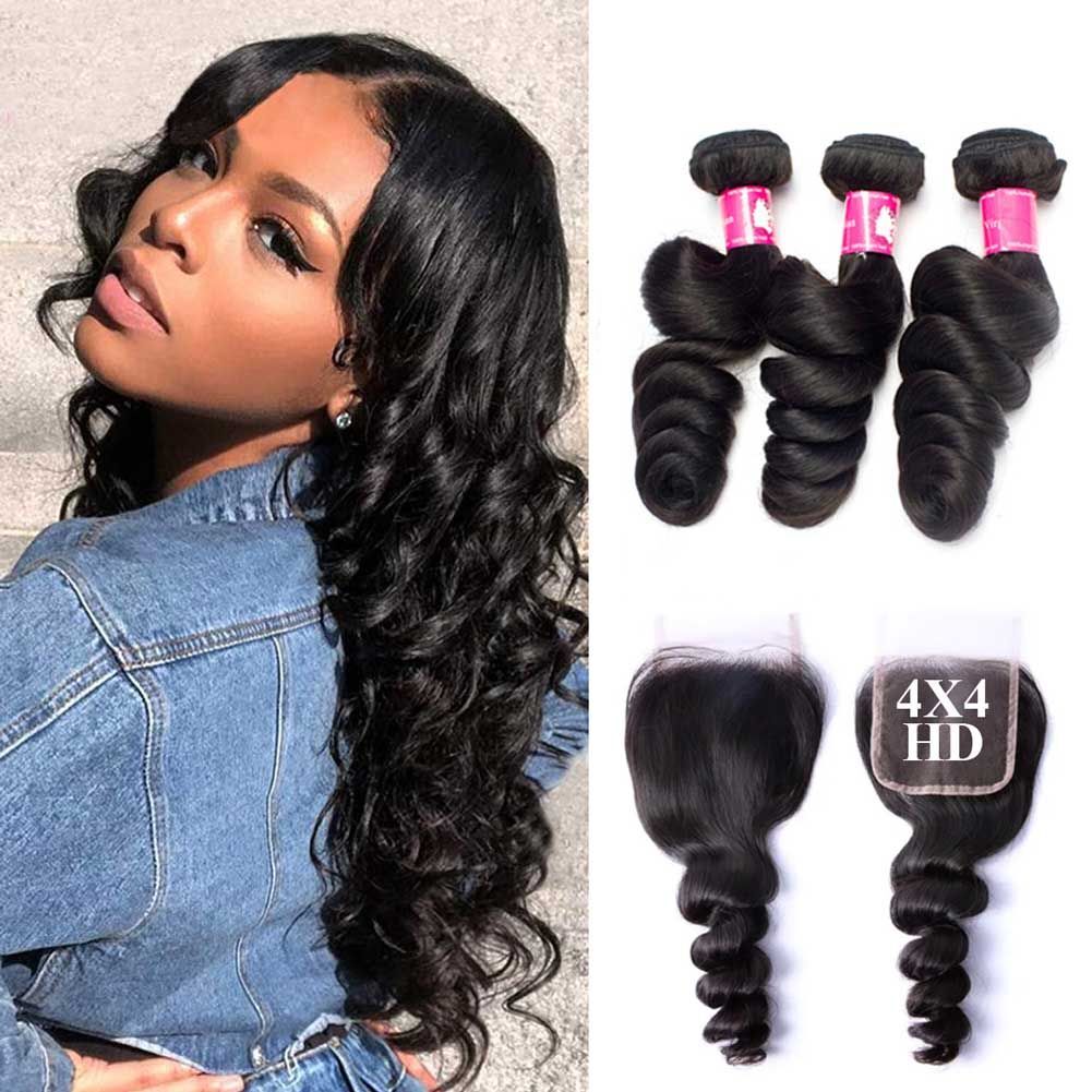 12A BRAZILIAN VIRGIN HUMAN HAIR LOOSE WAVE HD LACE BUNDLES 4X4/5X5/6X6 COLOR 1B#