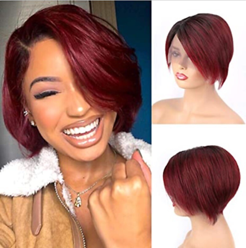 1B/99J Burgundy Pixie Cut Bob Wig Straight Lace Front Wigs Human Hair Short Bob