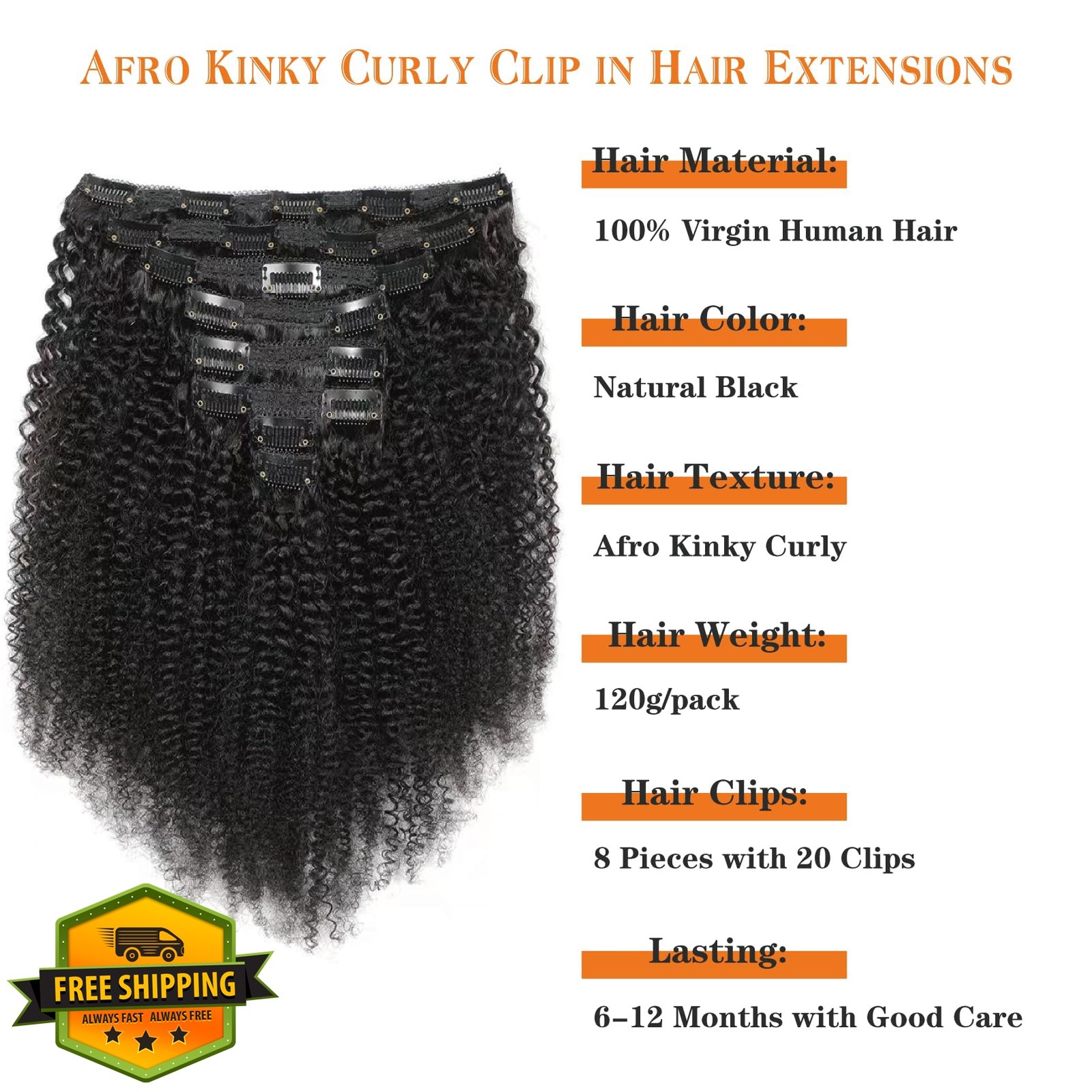 Yacurcur 4C Clip Ins Human Hair Natural Black 10 Inch