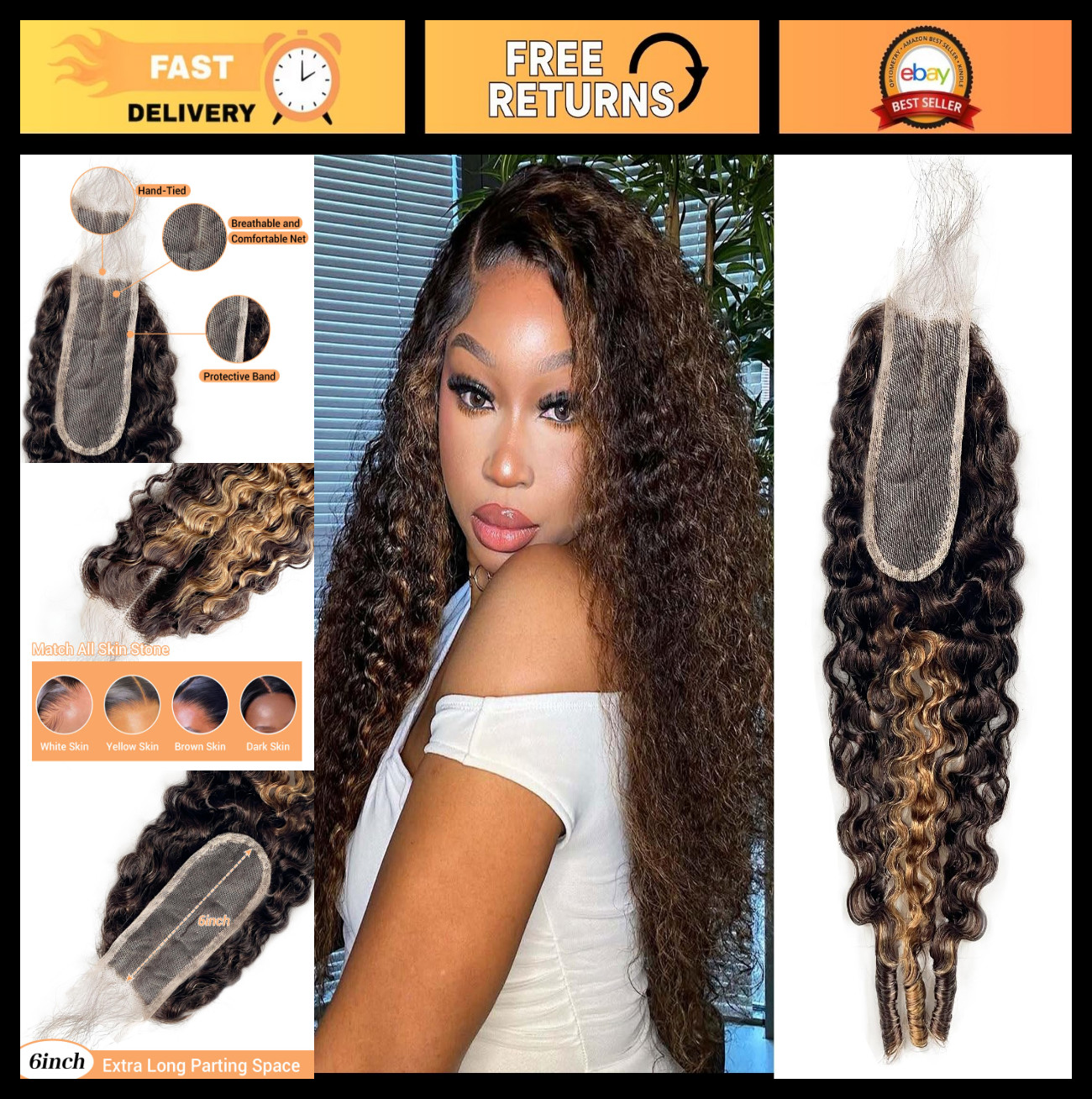 14″ 2×6 HD Lace Closure – P4/27 Highlight Burmese Curly Human Hair, Middle Part