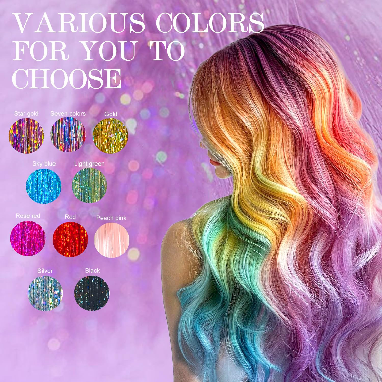 Hair Tinsel 10 Colors 3200 Strands 48In with Tools Fairy Tinsel Hair Extensions