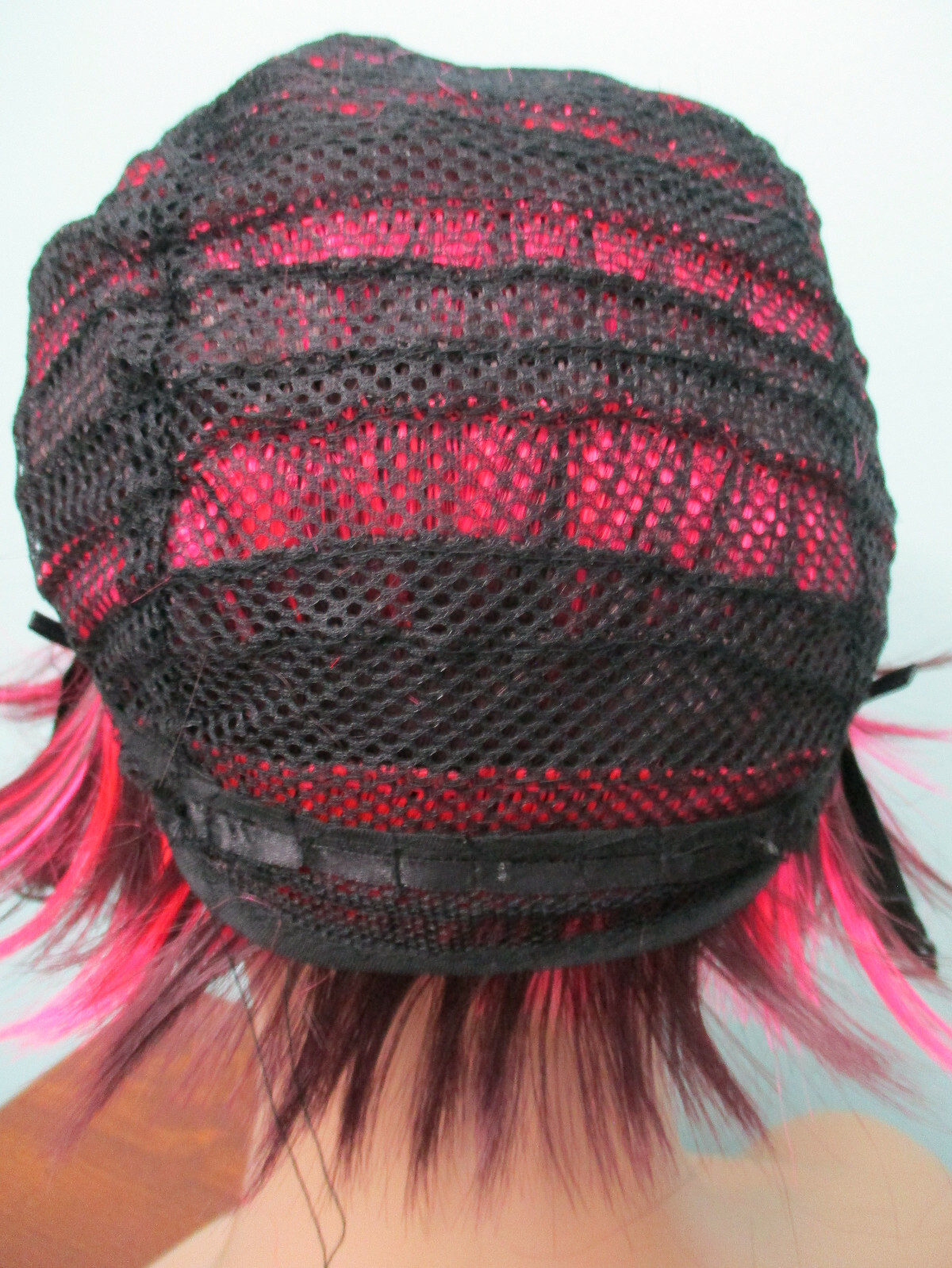4″ hot pink and black short PIXIE cut swept bangs WIG
