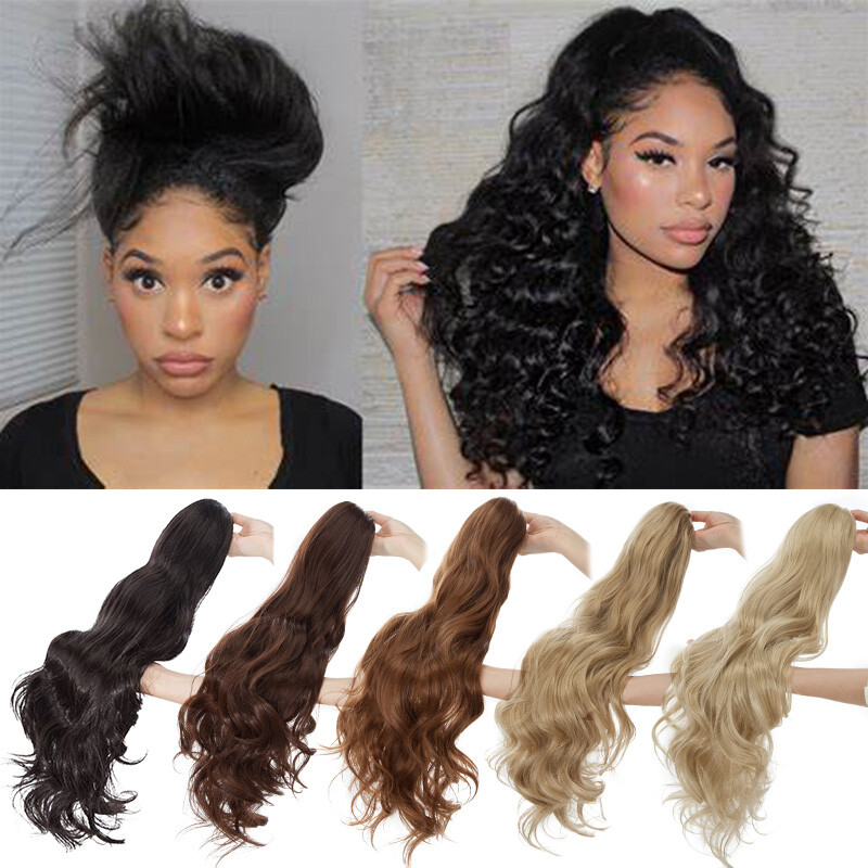 Synthetic Long Drawstring Clip in Ponytail Hair Extensions Natural Curly Wavy US