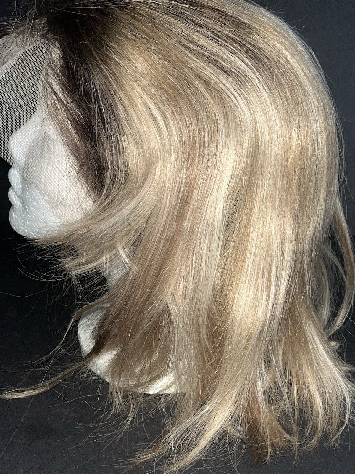 NEW Full Shine Human Hair Lace Wig Blond Rooted Medium Length 14 Inch